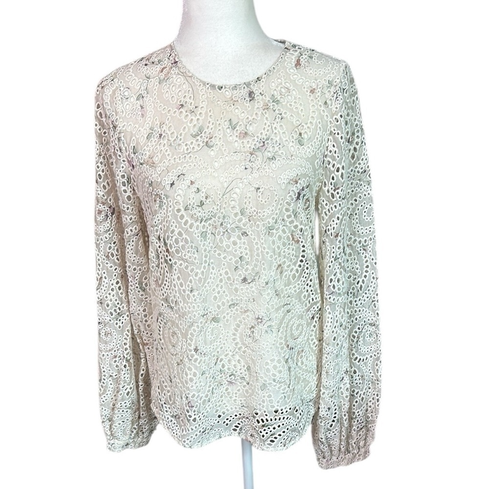 Veronica Beard Azar Eyelet Chiffon Top Size 6 Cream Floral Balloon Sleeve